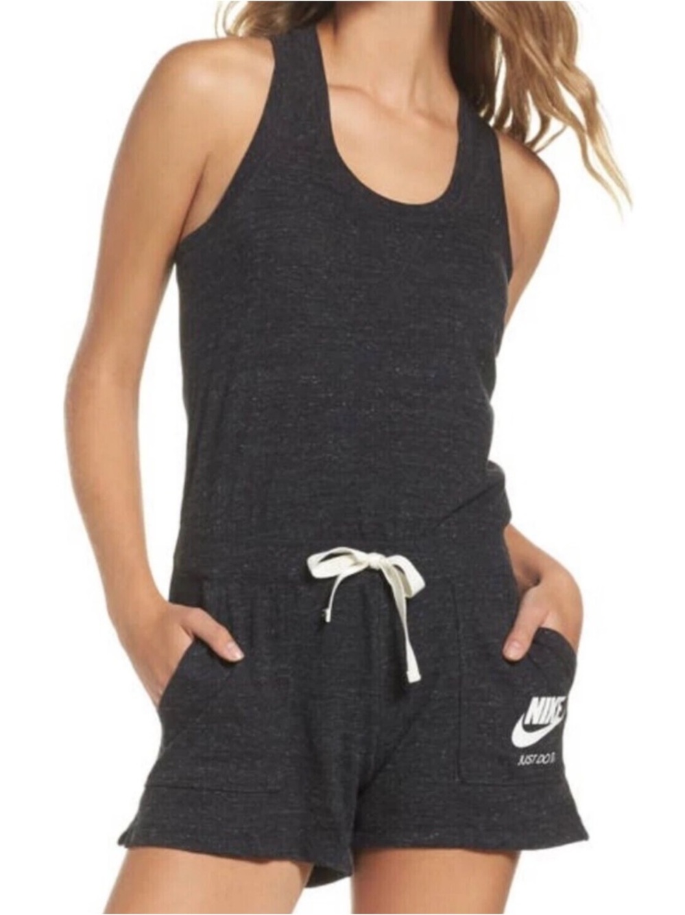 Nike Vintage Activewear Gray Racerback Tank Romper with Drawstring Shorts Size S